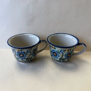 Pair of Unikat Polish Pottery Blue Floral Signed Tea Cups.